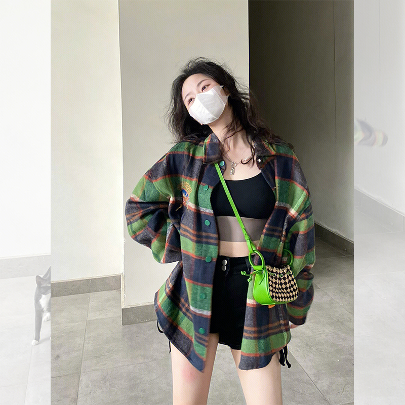 vintage美式綠色格子襯衫女設計感小眾小個子港風復古慵懶風外套