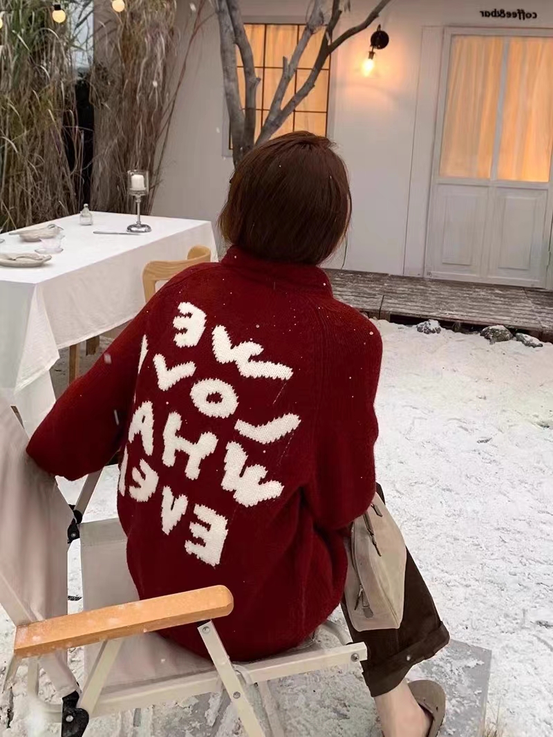 im向 玩趣畫本~小翻領笑臉粗針大毛衣外套女冬季撞色寬鬆針織開衫