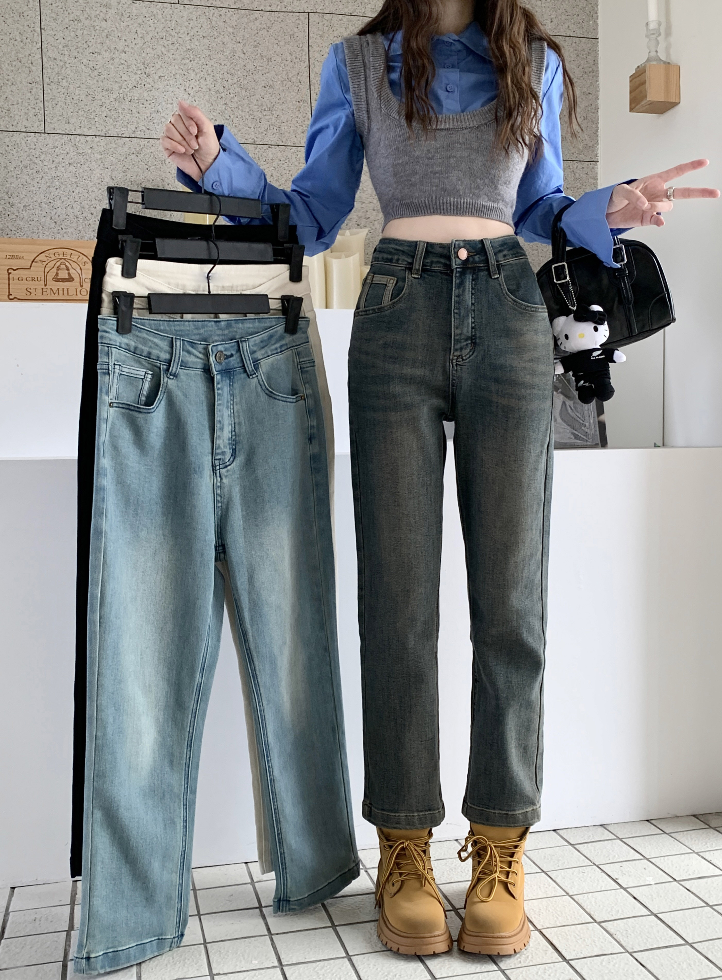 Actual shot of new autumn stretch straight cigarette jeans