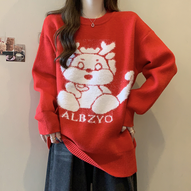 實拍大碼女裝秋冬新款龍年本命年紅色提花寬鬆毛衣顯瘦遮肉針織衫