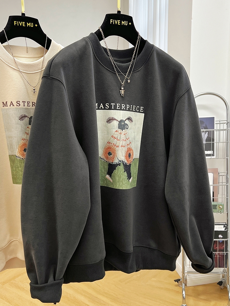 2023新款洋氣卡通印花圓領加絨加厚一體絨套頭衛衣女秋冬寬鬆上衣