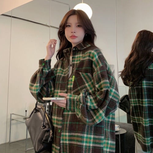 Retro green woolen plaid shirt jacket for women autumn mid-length loose bf lazy style shirt