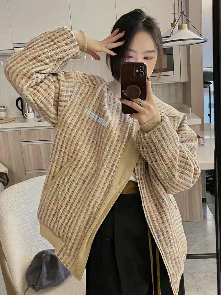 Xiaoxiangfeng reversible jacket women's trendy spring and autumn new American vintage plaid baseball jacket