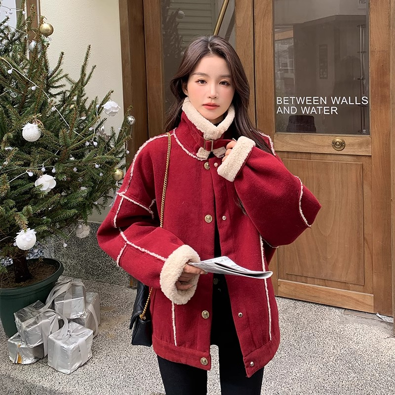 Red lamb wool spliced ​​parka cotton jacket for women winter coat with velvet and thickening 2023 street style American retro cotton jacket