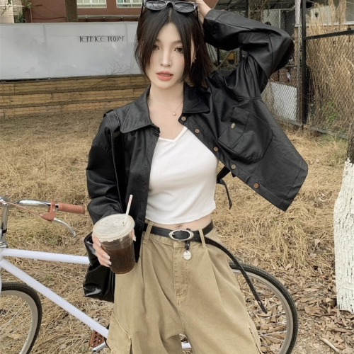 Short leather jacket women's autumn Korean version  new backless design loose long-sleeved jacket motorcycle wear trend
