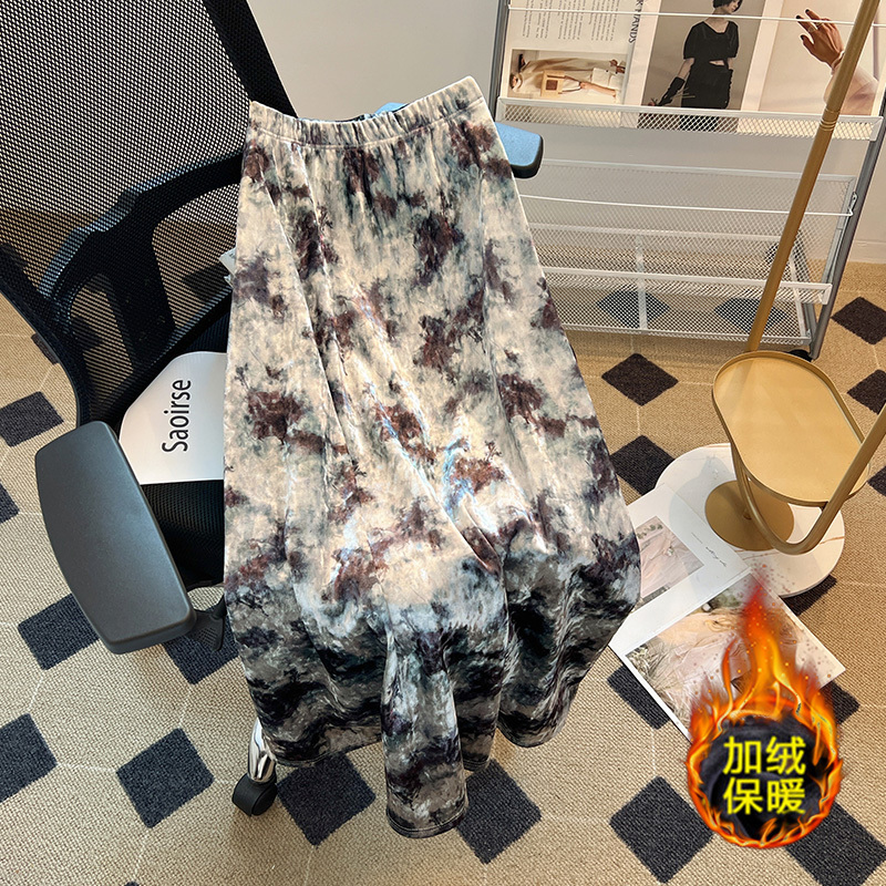 復古暈染金絲絨加絨半身裙女2023秋冬鬆緊高腰氣質摩登顯瘦長裙