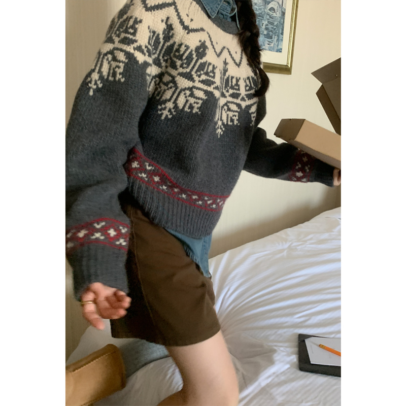 韓版復古灰色圓領毛衣套頭針織衫女新款冬季撞色羊毛上衣