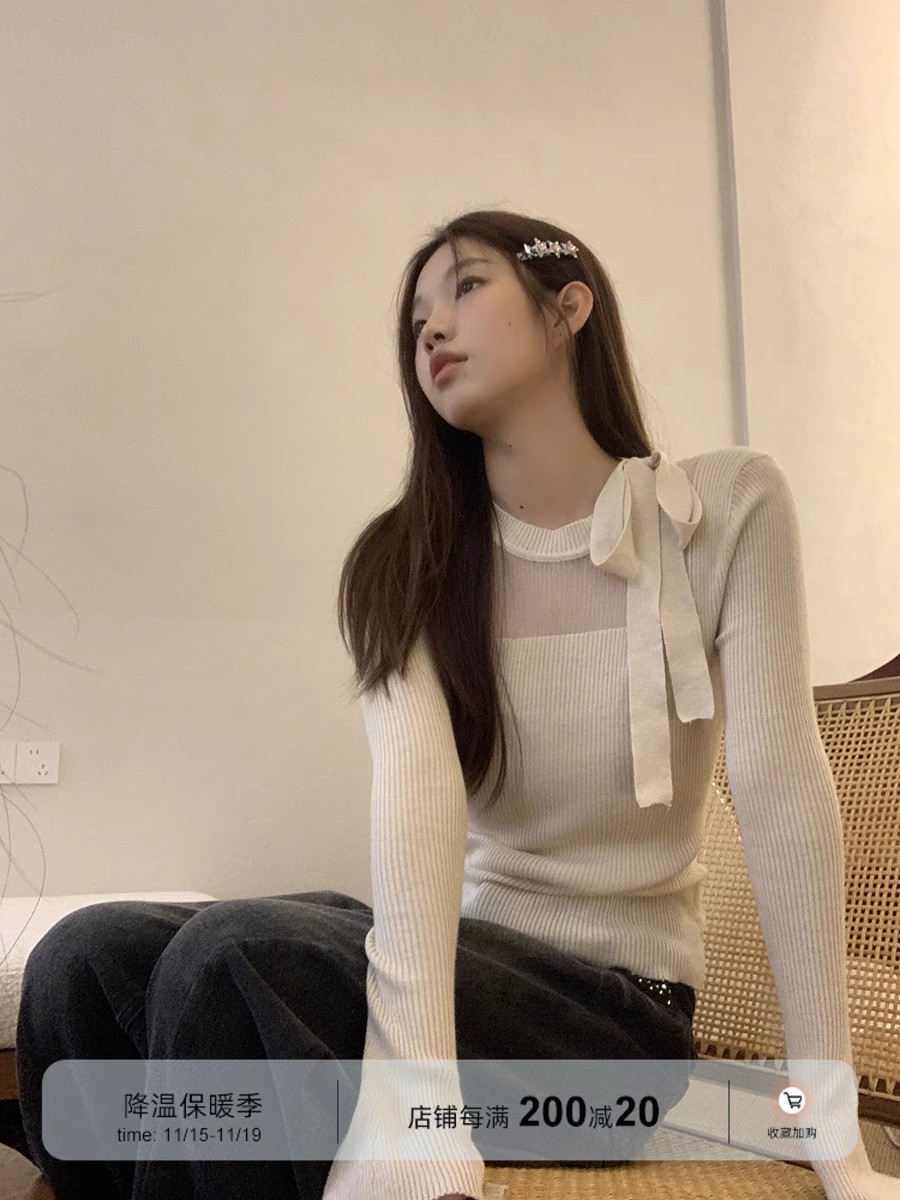 紅人館針織衫女2023新款秋冬穿搭高級感上衣超好看蝴蝶結毛衣外套