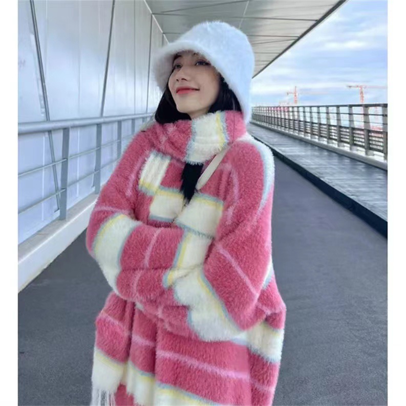 貂絨流蘇圍巾條紋毛衣套裝女秋冬外套慵懶風甜美寬鬆撞色針織衫潮