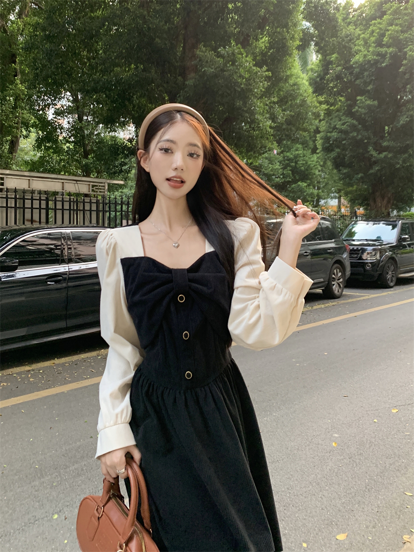 實拍 赫本風假兩件蝴蝶結長袖收腰復古加厚秋冬季新款連衣裙女