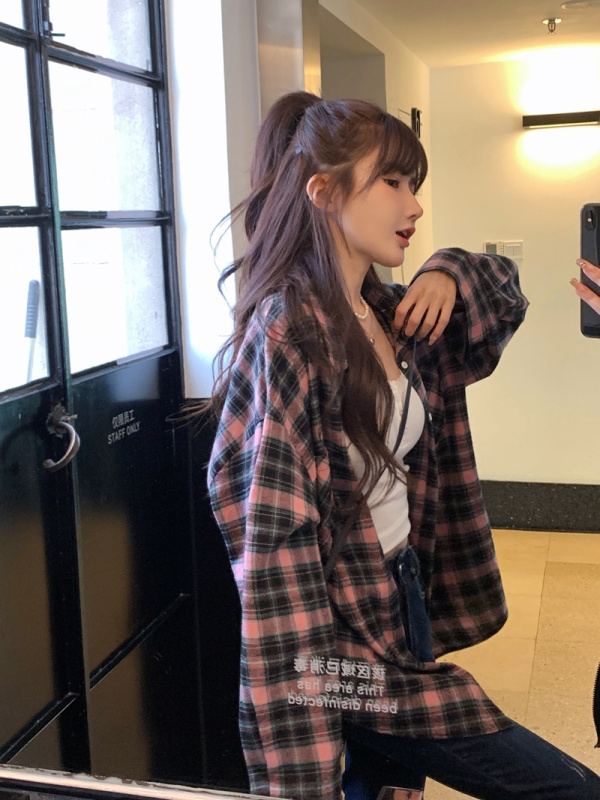 復古黑粉色格子襯衫外套女春夏小眾設計感寬鬆慵懶風防曬襯衣上衣