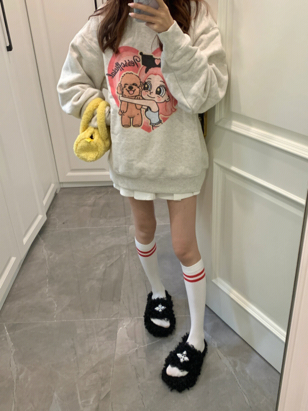日系chic慵懶風甜酷卡通純棉圓領衛衣女秋冬加絨加厚vintage上衣
