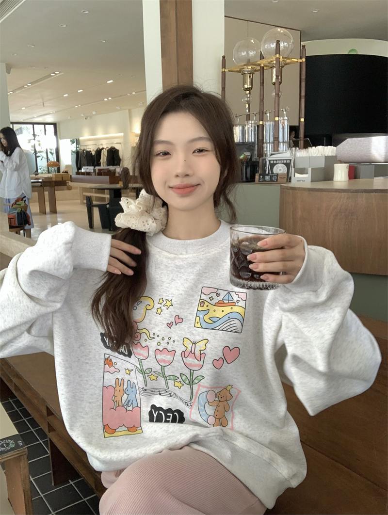實拍~原創 韓系鬼馬少女彩色手繪花朵印花圓領寬鬆加絨衛衣