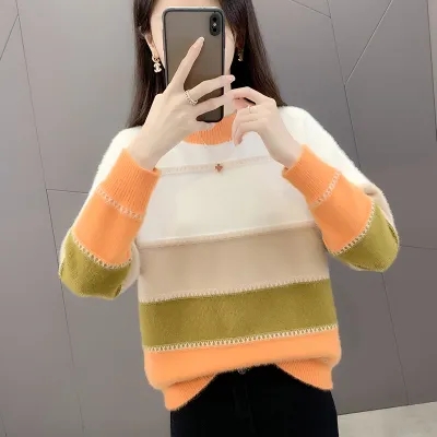 彩虹拼色水貂絨毛衣女秋季外穿針織打底衫小個子寬鬆加厚短款上衣