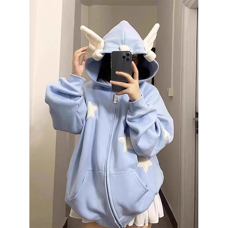 仿棉華棉複合銀狐絨星星翅膀連帽衛衣女秋冬加絨外套