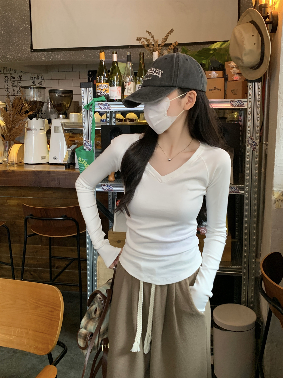 Photographed Autumn/Winter Korean Style Fitted V-Neck Shoulder-Strap Slimming Crew Neck Design Pure Cotton Long-Sleeve T-Shirt Women's Top