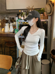Photographed Autumn/Winter Korean Style Fitted V-Neck Shoulder-Strap Slimming Crew Neck Design Pure Cotton Long-Sleeve T-Shirt Women's Top