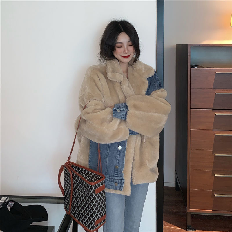 Lambswool 300g pure cotton denim quality 200kg large size plus fleece jacket for women