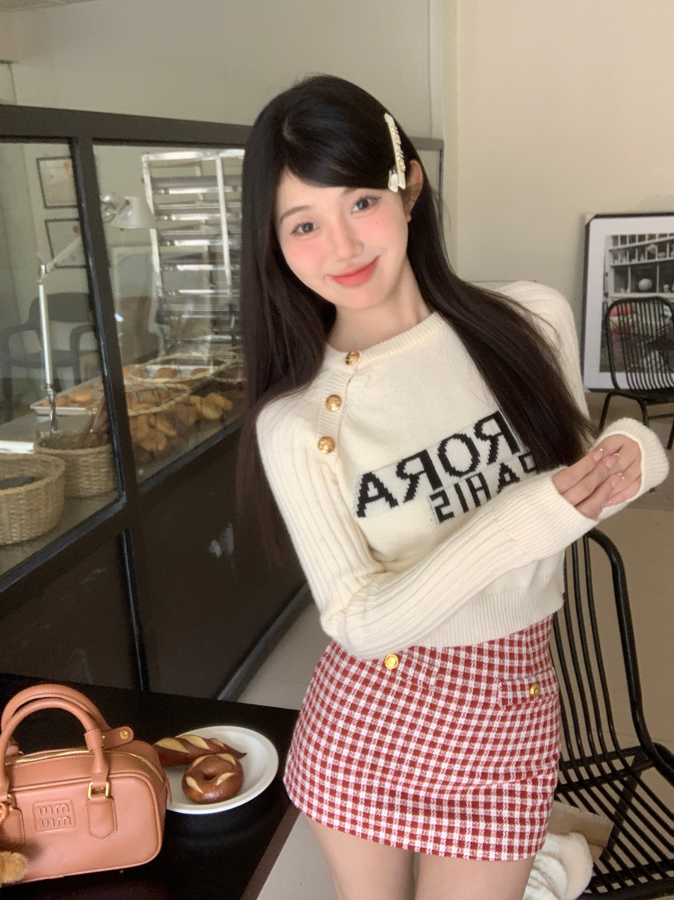 實拍 字母提花毛衣秋冬小個子寬鬆短款長袖針織衫金屬扣上衣