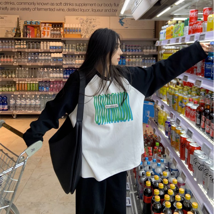 春秋季新款純棉長袖t恤女設計感小眾上衣撞色寬鬆減齡打底衫