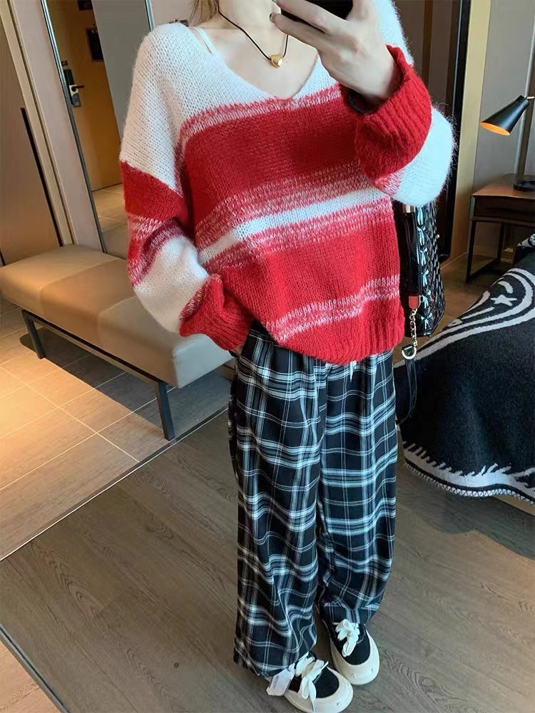 紅色條紋v領套頭毛衣女2023新款秋季軟糯慵懶復古小眾針織衫上衣