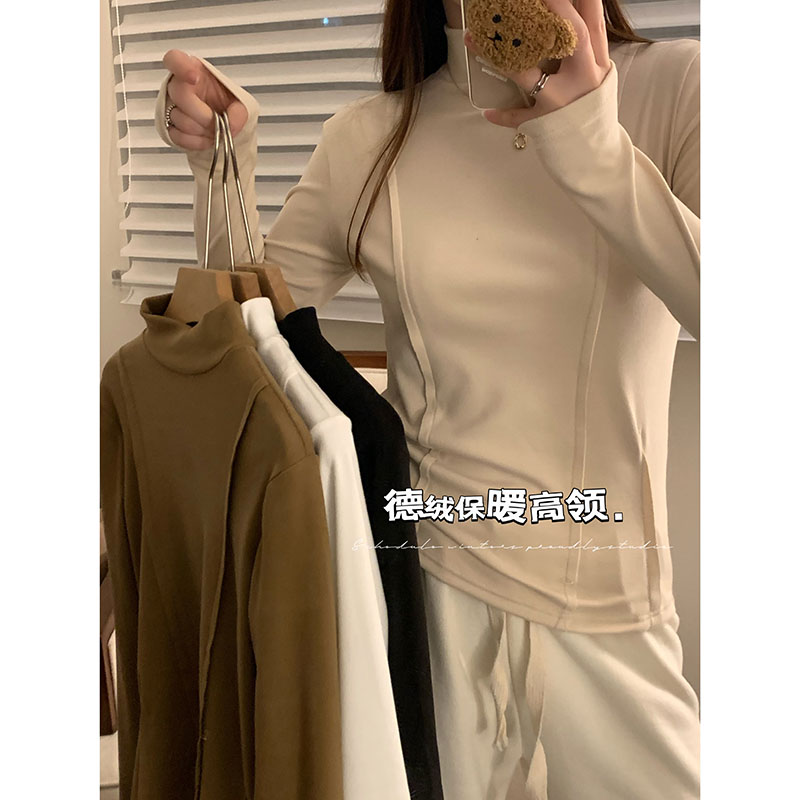 實拍 秋冬保暖德絨半高領打底衫女修身顯瘦長袖上衣