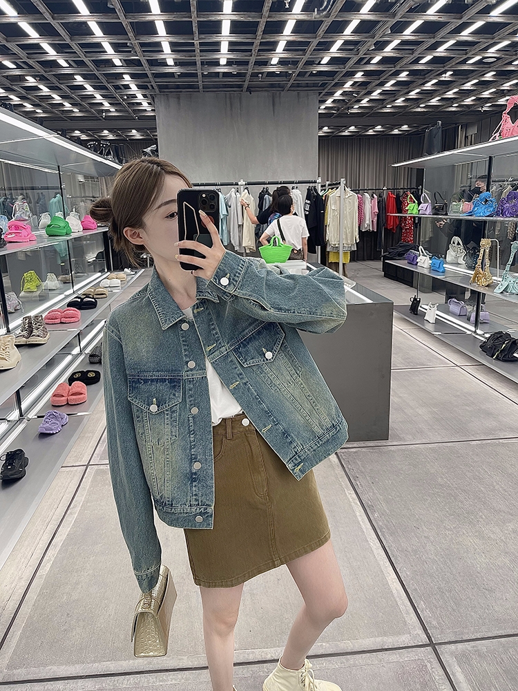 CHANGING REAL 美式復古牛仔外套女設計感時尚休閒寬鬆長袖上衣潮