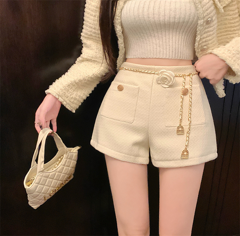實拍經典褲王/富貴千金風粗花呢小香風短褲女高腰a字毛呢褲