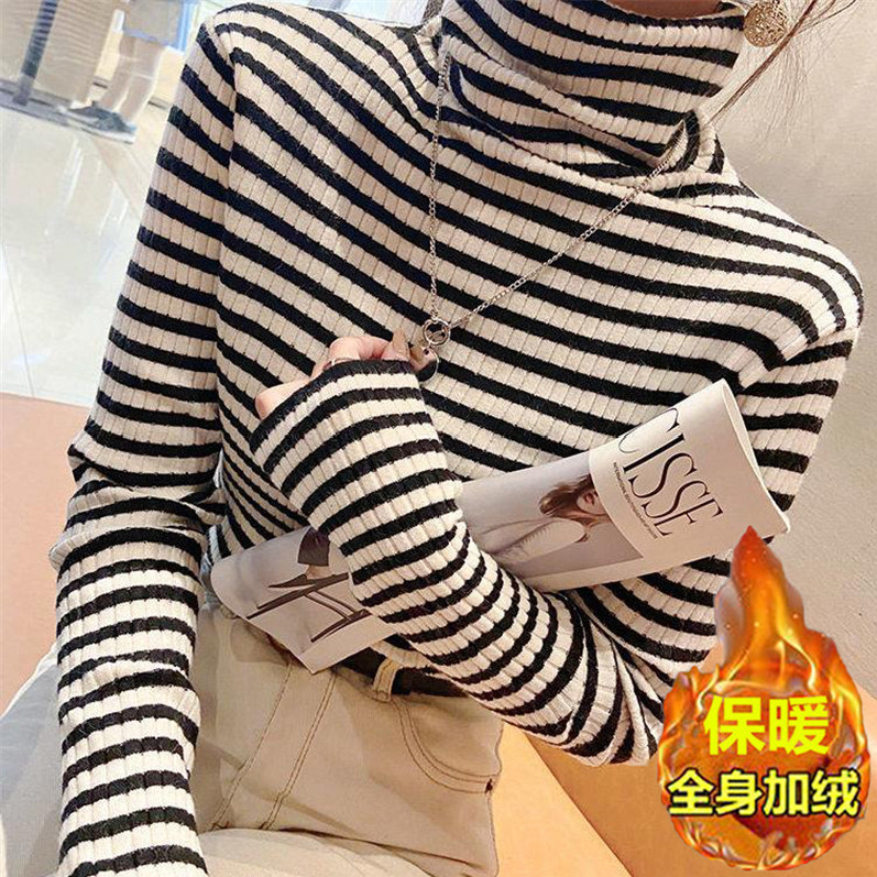 加絨高領條紋打底衫女秋冬洋氣新款針織衫堆堆領毛衣