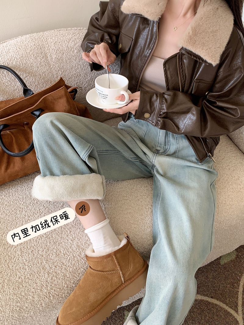 實拍#新款加絨加厚直筒牛仔長褲女高腰設計感口袋闊腿褲子