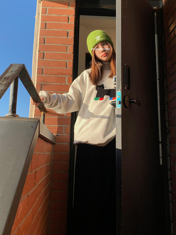 鹵鹵lulu 敲可愛!加厚小貓繡衛衣秋冬美式慵懶風疊穿圓領套頭上衣