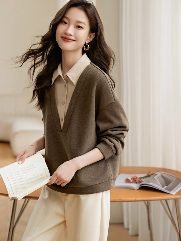 襯衫領假兩件衛衣2023秋冬新款加厚保暖斜紋磨毛呢料拼接 女