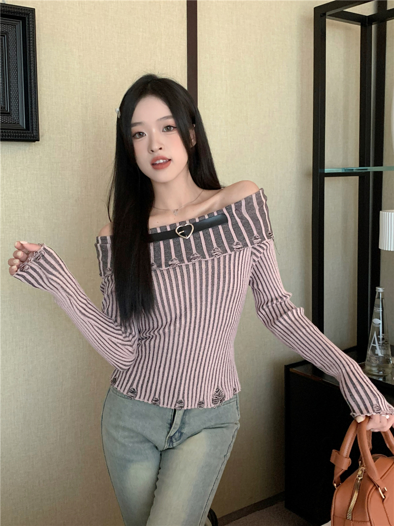 實拍純欲甜辣妹一字肩豎條破洞上衣女長袖針織打底衫露肩毛衣