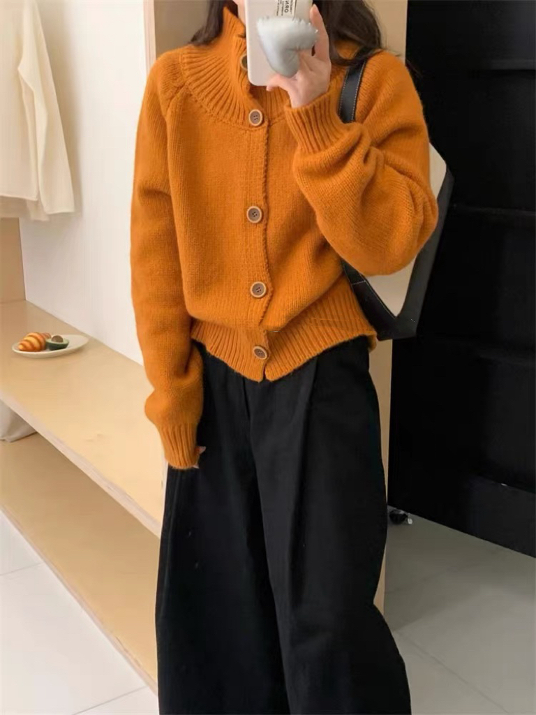 復古系扣立領針織開衫女秋冬韓系慵懶風高級氣質軟糯毛衣外套