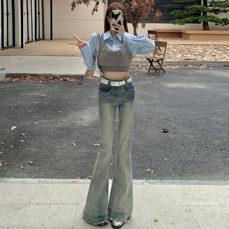 實拍 復古秋季辣妹彈力喇叭褲毛邊拼接修身顯瘦牛仔褲