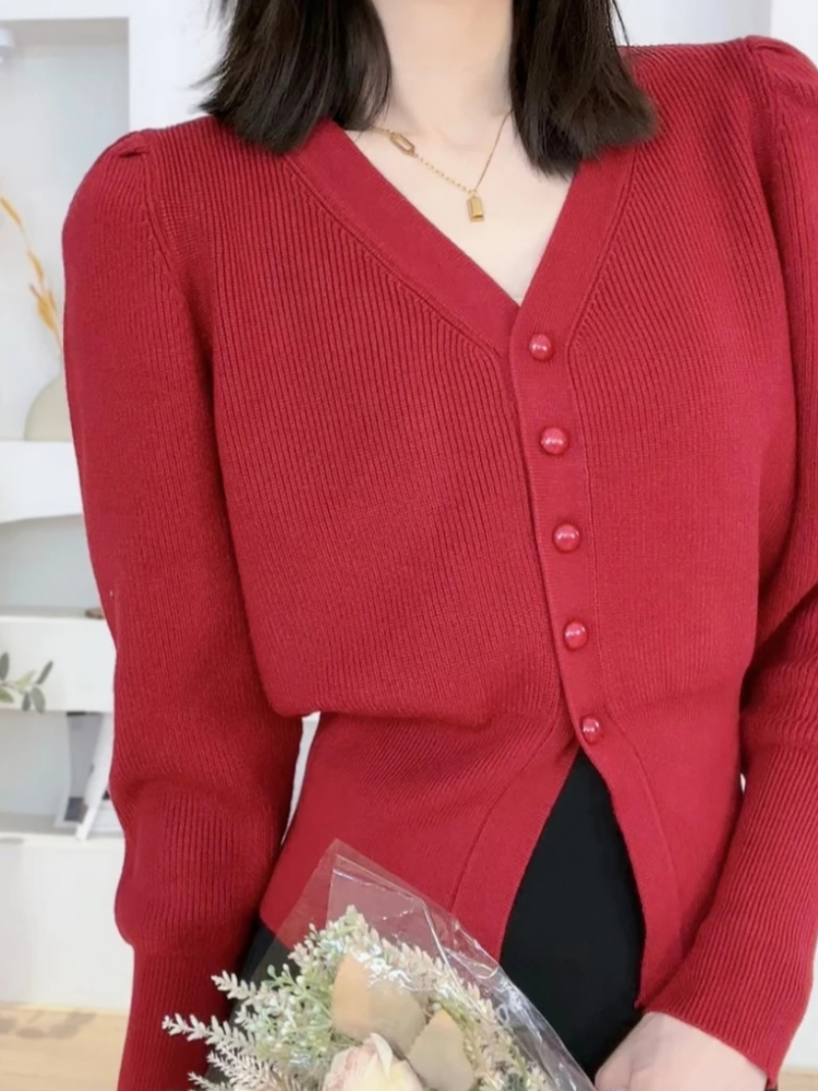秋季新款韓版時尚V領泡泡袖顯瘦長袖開衫上衣女