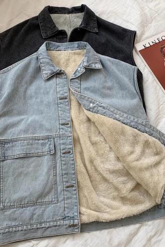 Processing Korean style workwear BF style retro versatile velvet thickened loose denim vest jacket