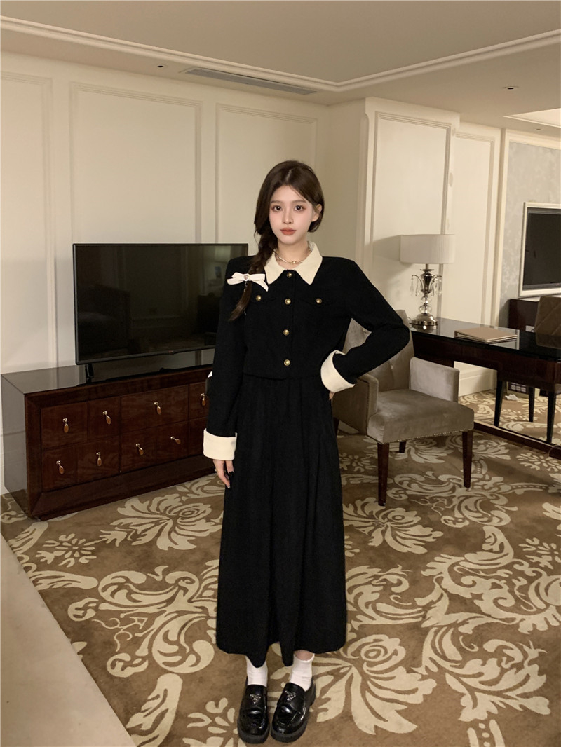 撞色翻領長袖外套高腰A字半身裙女秋季2023新款兩件套