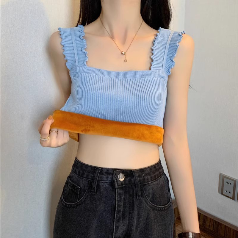 加絨加厚保暖吊帶背心女冬季2023新款義烏打底衫加絨美背內搭上衣