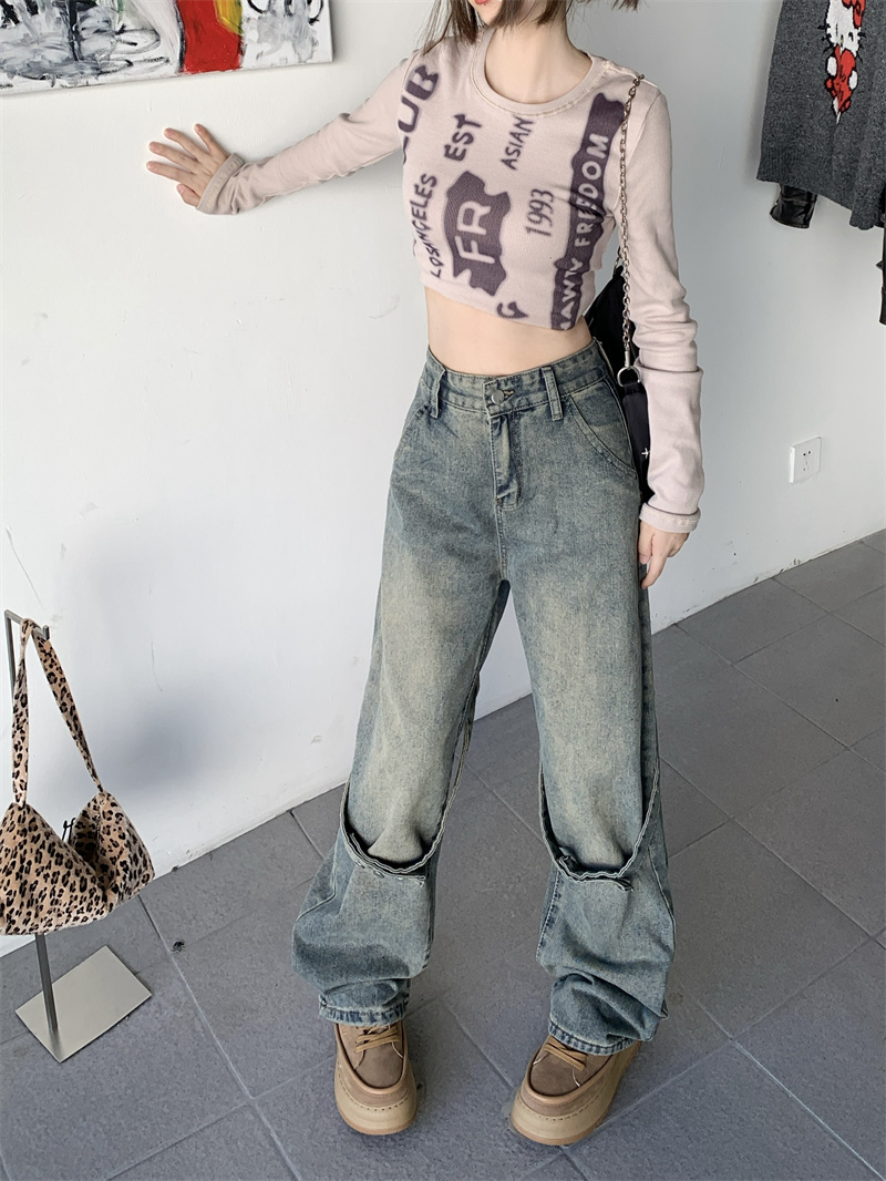 實拍！水洗復古直筒設計感闊腿褲子小眾寬鬆拼貼牛仔褲女