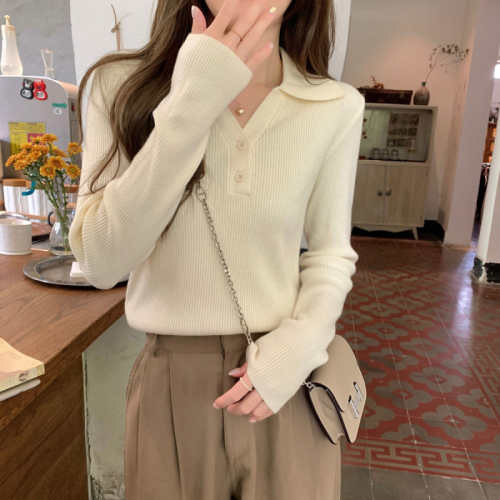 Knitted sweaters for women in autumn and winter  new polo collar button-down long-sleeved inner short sweater