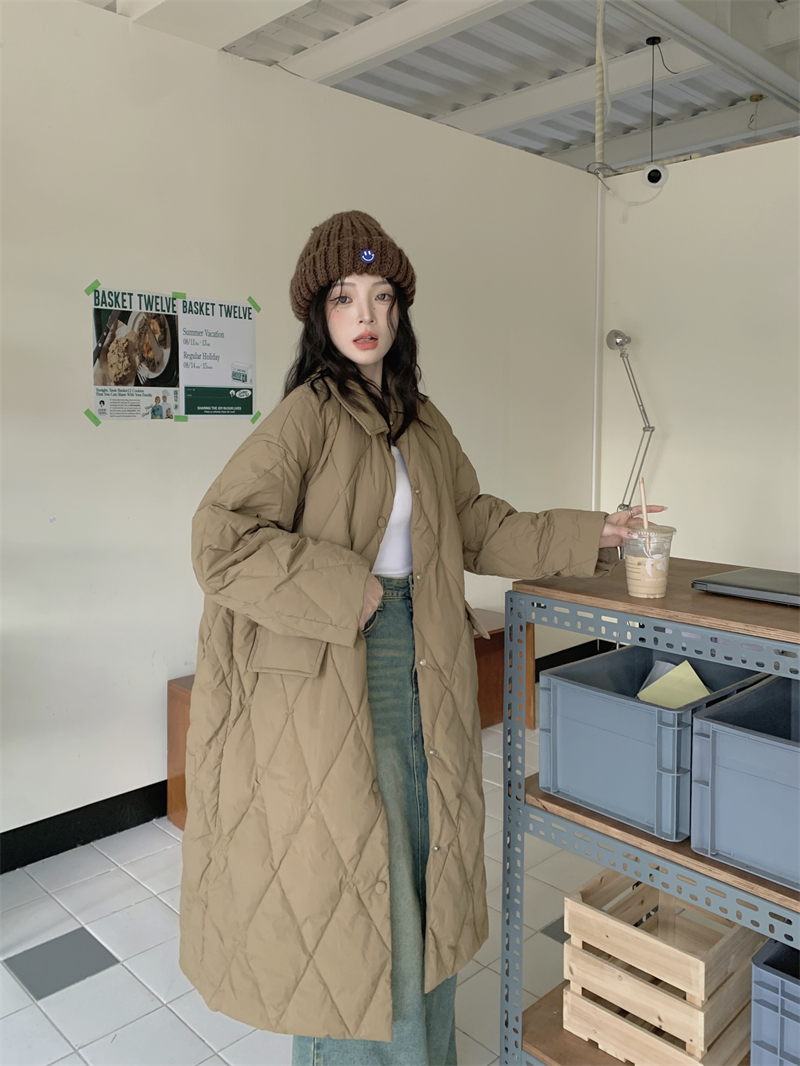 Actual shot: Simple rhombus pattern casual mid-length cotton-padded jacket for women with Korean style autumn and winter new coat