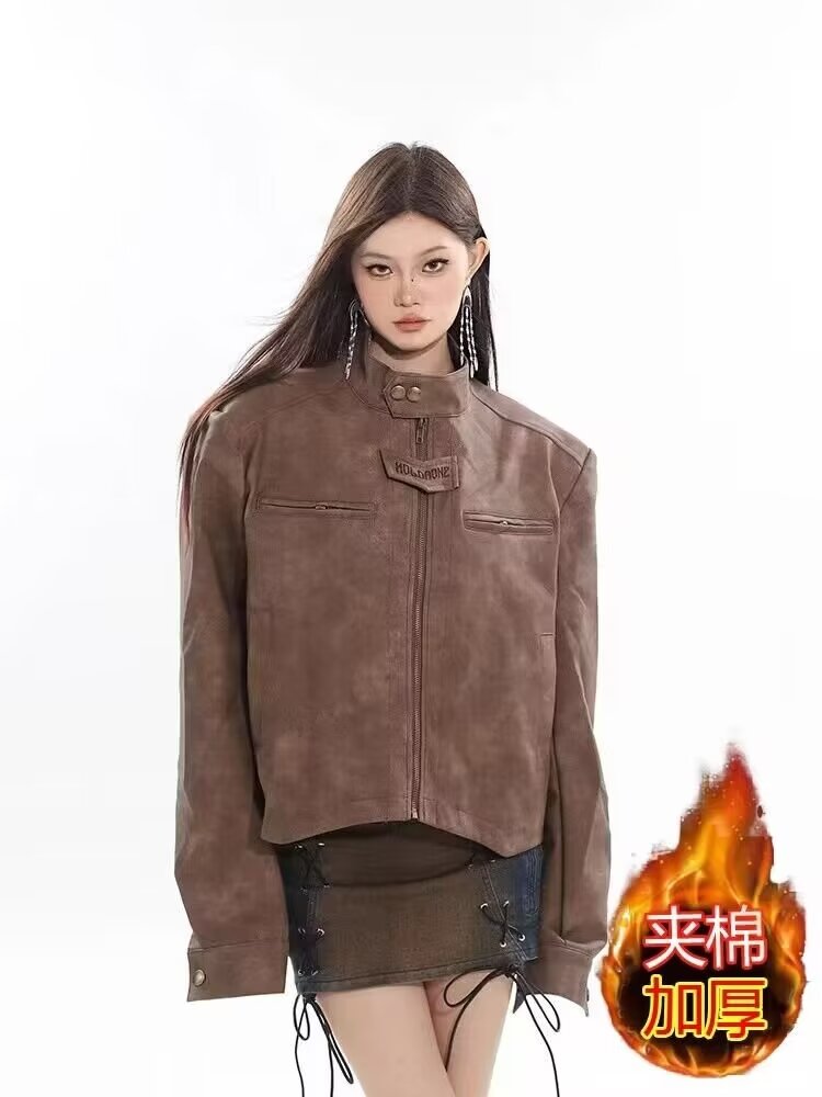 Maillard High Street Retro Brown Motorcycle Leather Jacket Women's Niche Design Short Shoulder Pad Jacket Trendy Brand