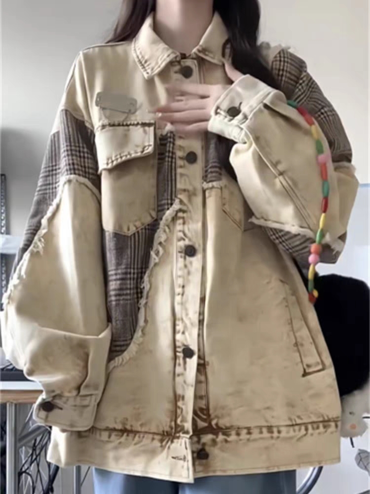 美式復古卡其色拼接做舊毛邊牛仔外套女春秋新款寬鬆百搭上衣夾克