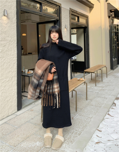 Actual shot of new autumn and winter style ~ half turtleneck knitted long-sleeved dress for women Korean style loose casual solid color skirt