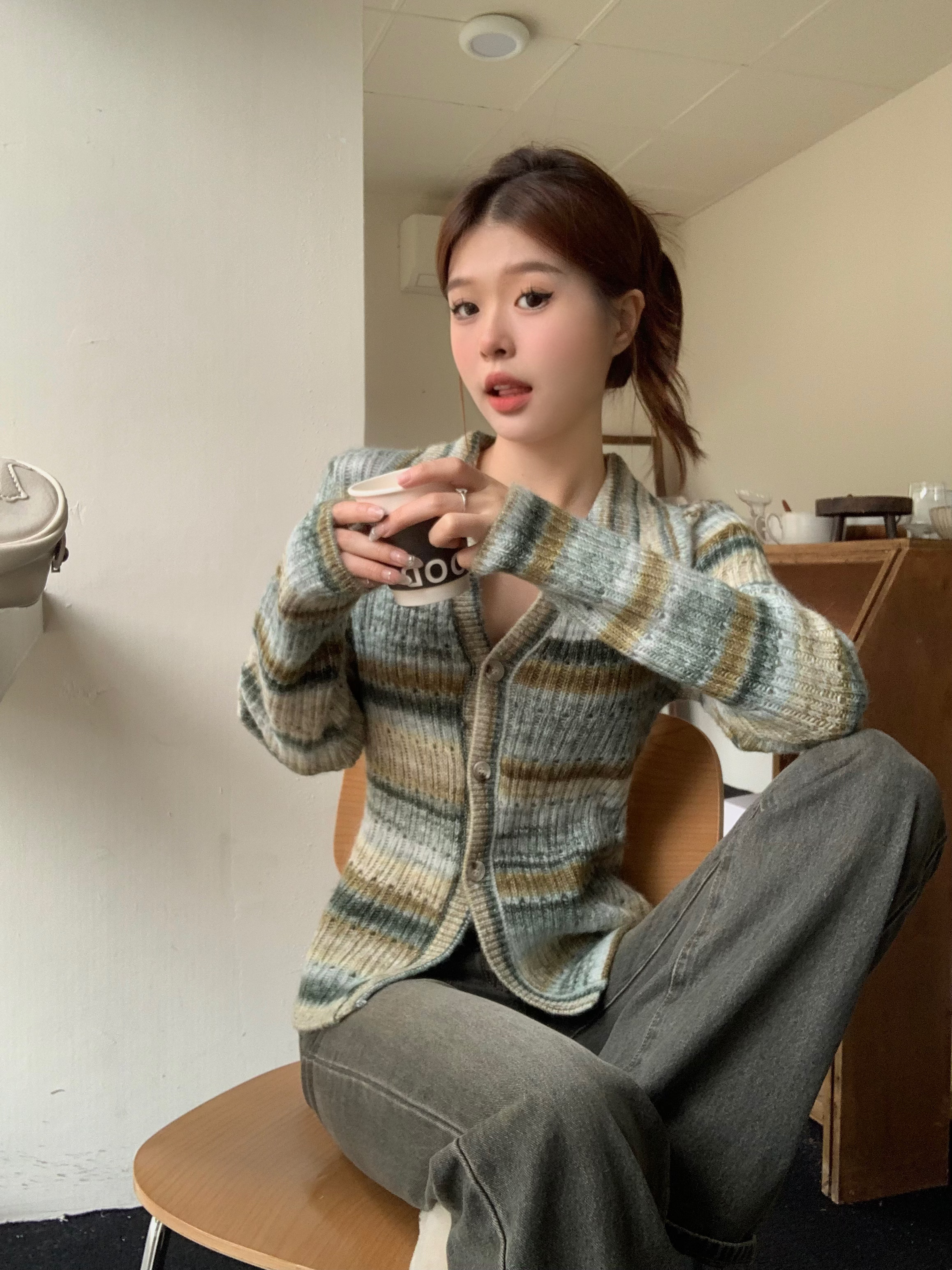 實拍~法式條紋漸變針織開衫毛衣慵懶風POLO翻領修身上衣秋冬