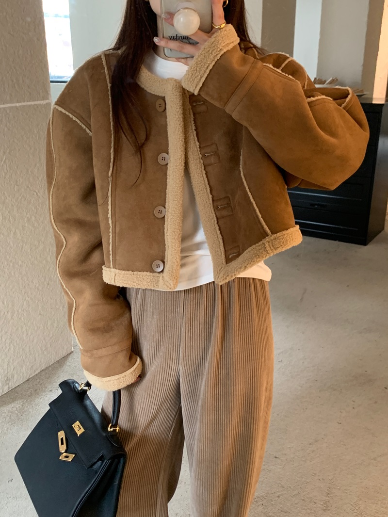 實拍 韓版復古羊羔毛機車服皮毛一體圓領單排扣寬鬆短款外套