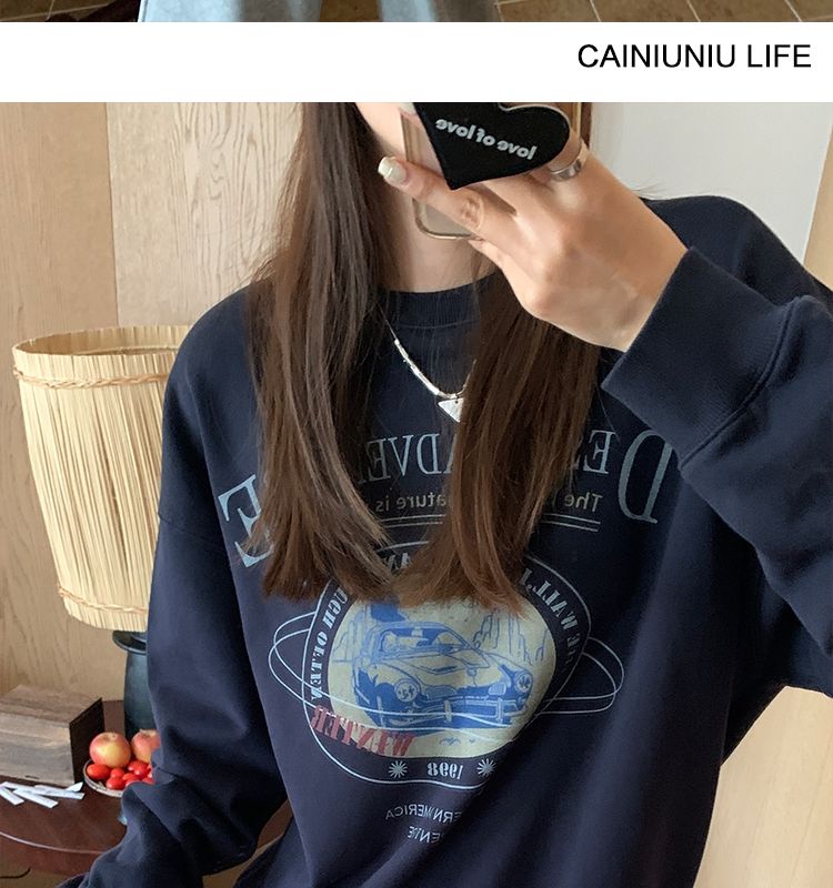 秋冬加絨加厚款寬鬆復古美式星球印花設計感圓領套頭衛衣
