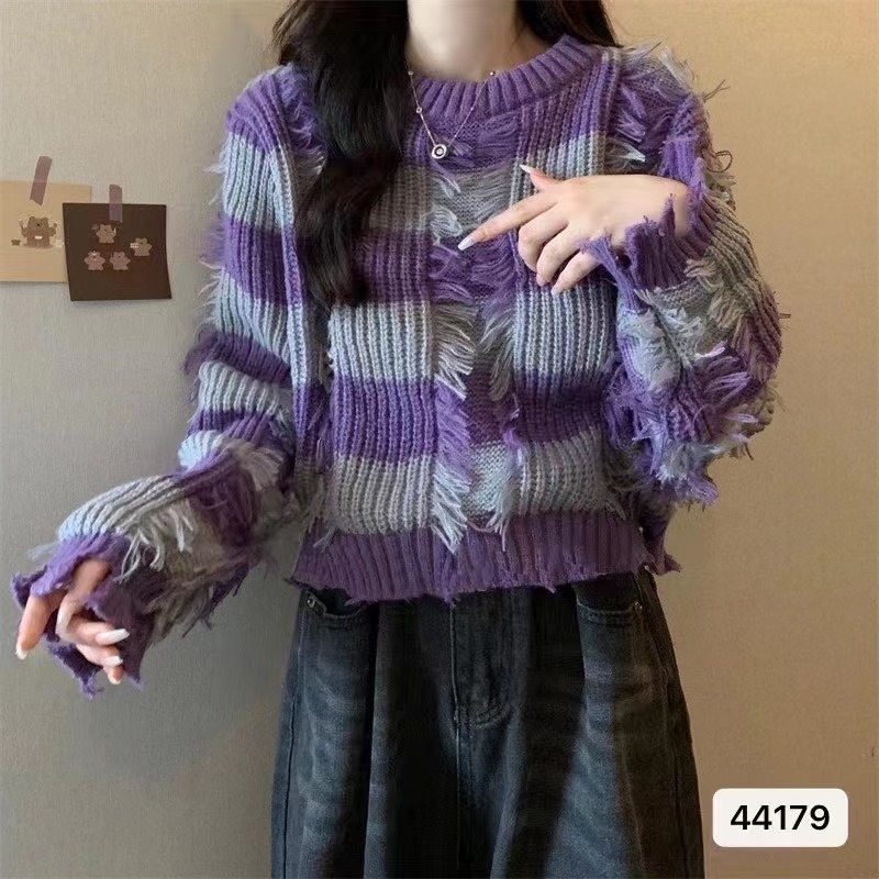 左邊同款2023秋冬新款圓領撞色條紋流蘇邊長袖上衣女