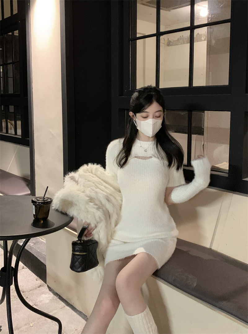 實拍~純欲軟糯水貂絨小心機顯瘦針織袖套連衣裙